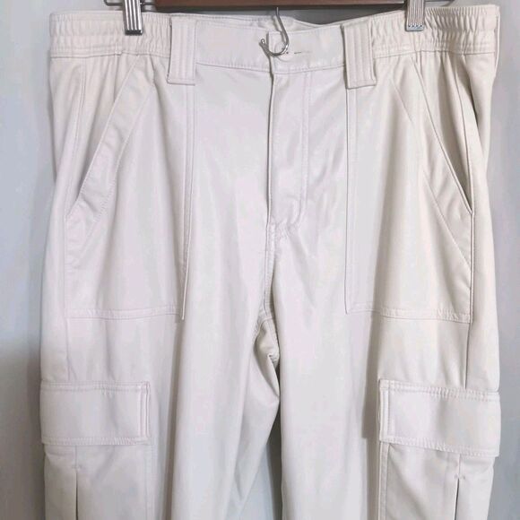 American Eagle Outfitters Faux Leather Cargo Pants Cream Size 12 Regular Stretch - Picture 3 of 12